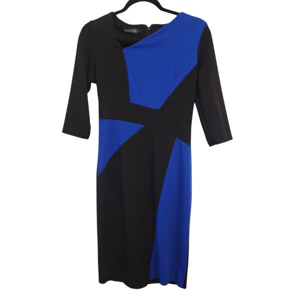 Colorblock Sheath Dress L Black/Royal Blue 3/4 Sleeve Back Zip HOMEYEE - Picture 1 of 7